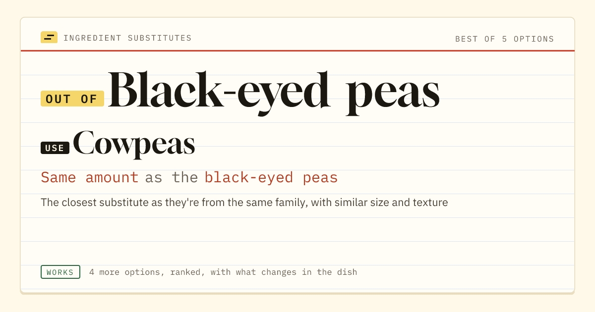 Black-eyed peas substitute: use cowpeas. Same amount as the black-eyed peas.