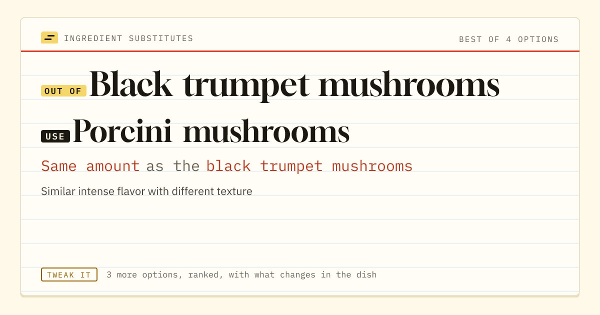 Black trumpet mushrooms substitute: use porcini mushrooms. Same amount as the black trumpet mushrooms.
