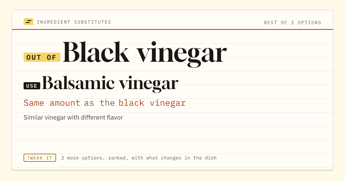 Black vinegar substitute: use balsamic vinegar. Same amount as the black vinegar.