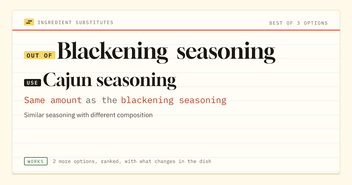 Blackening seasoning substitute: use Cajun seasoning. Same amount as the blackening seasoning.