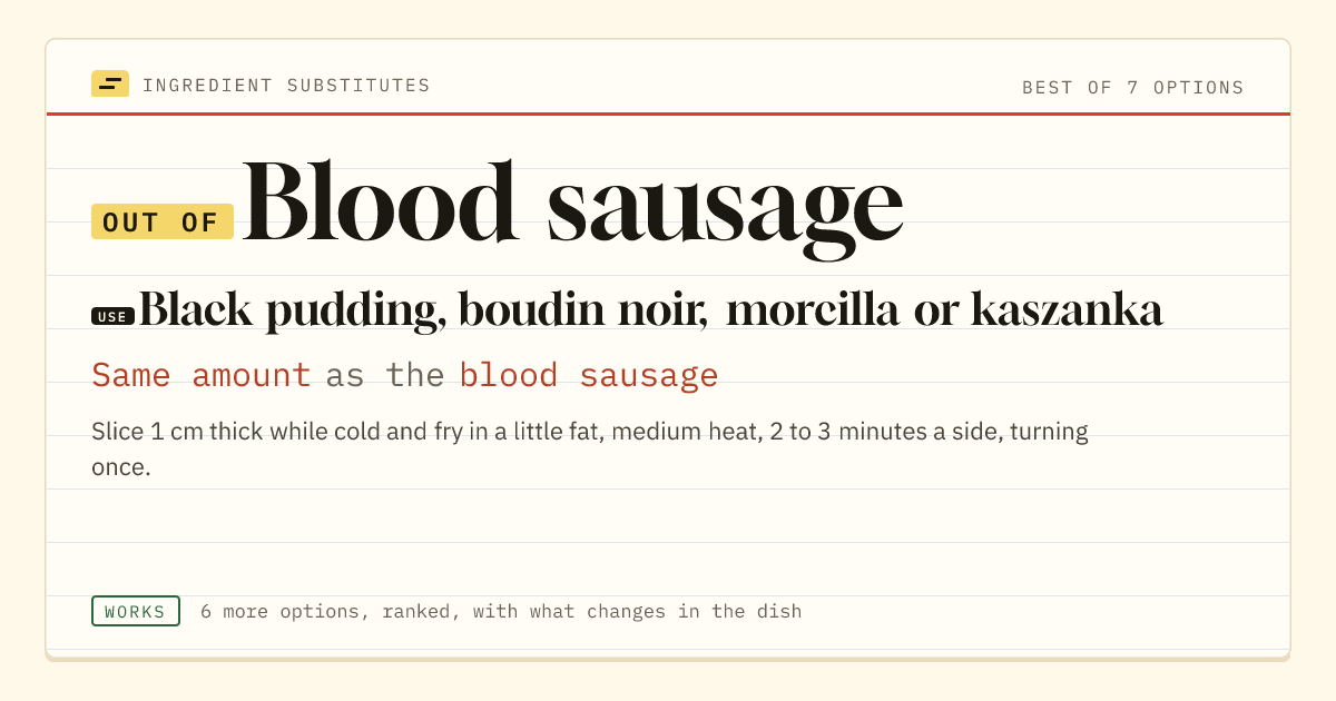 Blood sausage substitute: use black pudding, boudin noir, morcilla or kaszanka. Same amount as the blood sausage.
