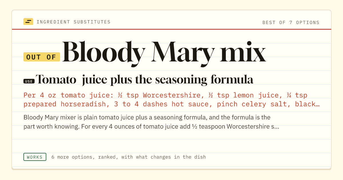 Bloody Mary mix substitute: use tomato juice plus the seasoning formula.