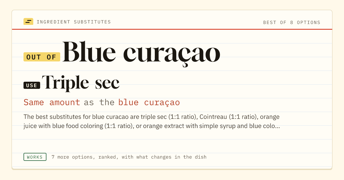 Blue curaçao substitute: use triple sec. Same amount as the blue curaçao.