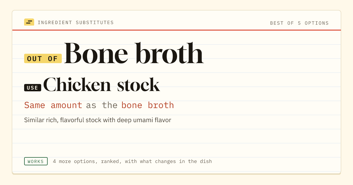 Bone broth substitute: use chicken stock. Same amount as the bone broth.