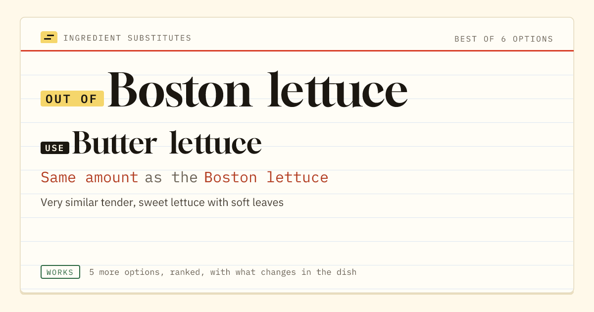 Boston lettuce substitute: use butter lettuce. Same amount as the Boston lettuce.