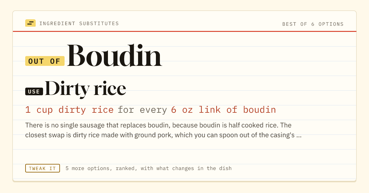 Boudin substitute: use dirty rice. 1 cup dirty rice for every 6 oz link of boudin.