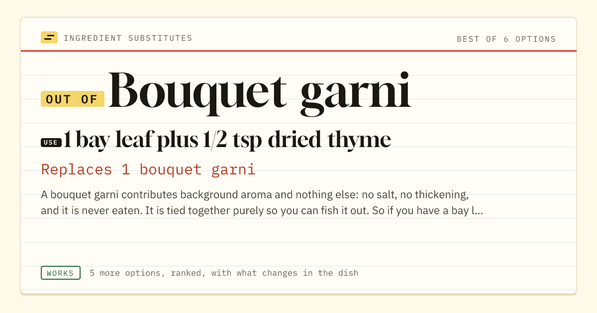 Bouquet garni substitute: use 1 bay leaf plus 1/2 tsp dried thyme. Replaces 1 bouquet garni.