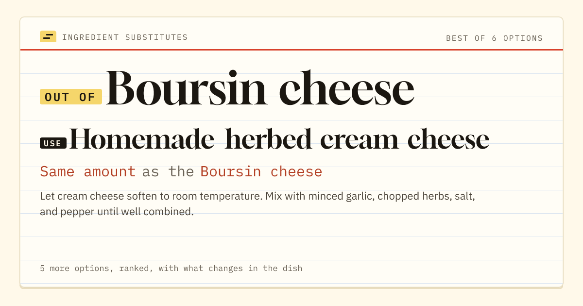 Boursin cheese substitute: use homemade herbed cream cheese. Same amount as the Boursin cheese.