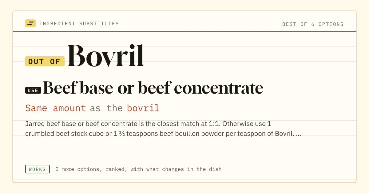 Bovril substitute: use beef base or beef concentrate. Same amount as the bovril.