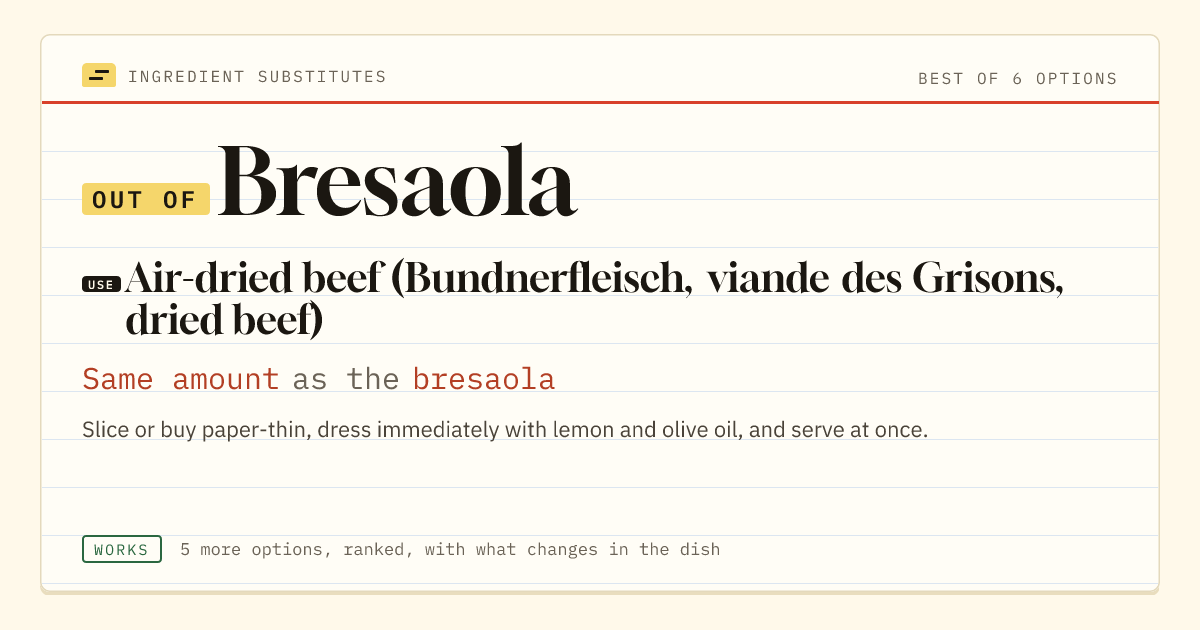 Bresaola substitute: use air-dried beef (Bundnerfleisch, viande des Grisons, dried beef). Same amount as the bresaola.