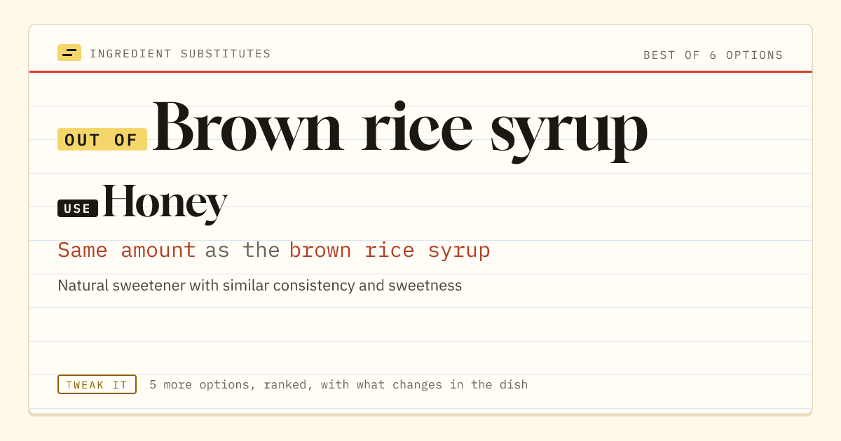 Brown rice syrup substitute: use honey. Same amount as the brown rice syrup.