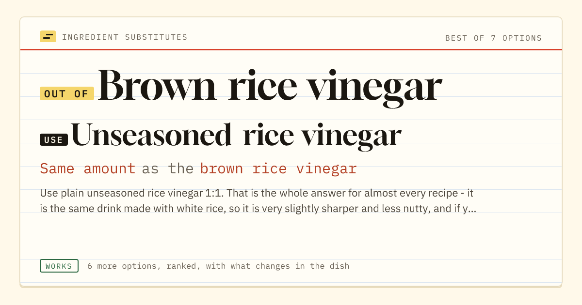 Brown rice vinegar substitute: use unseasoned rice vinegar. Same amount as the brown rice vinegar.