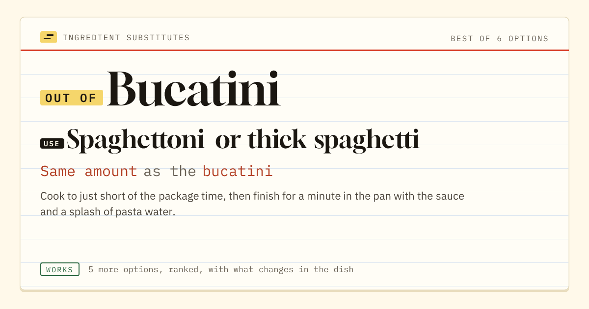 Bucatini substitute: use spaghettoni or thick spaghetti. Same amount as the bucatini.