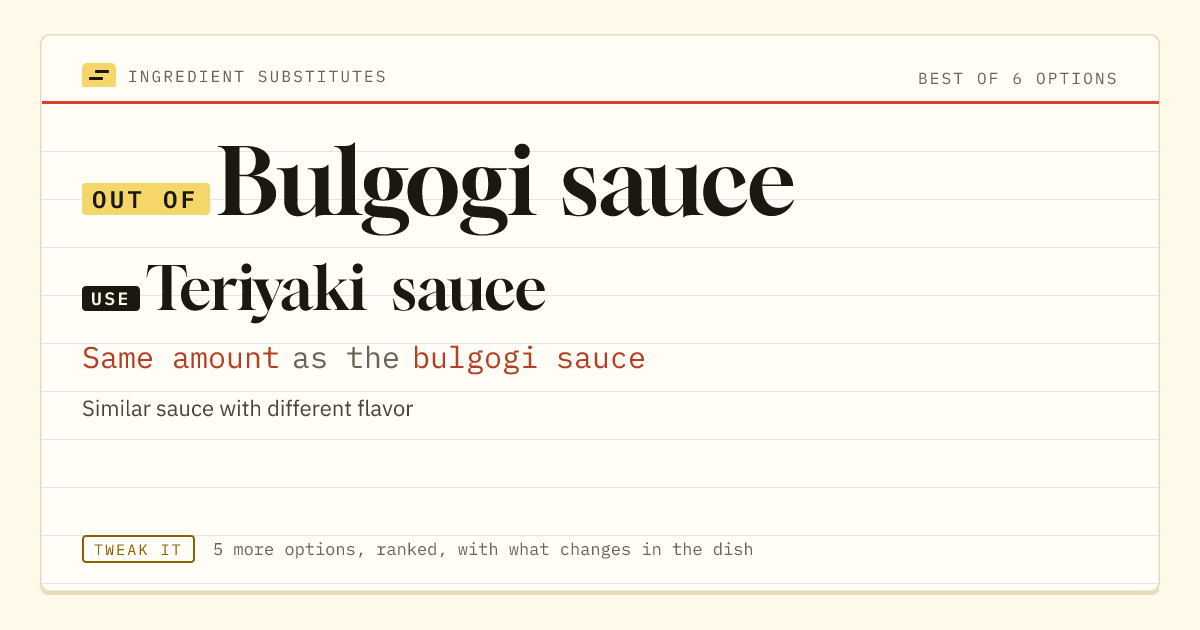 Bulgogi sauce substitute: use teriyaki sauce. Same amount as the bulgogi sauce.