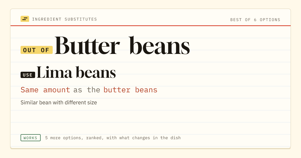 Butter beans substitute: use lima beans. Same amount as the butter beans.