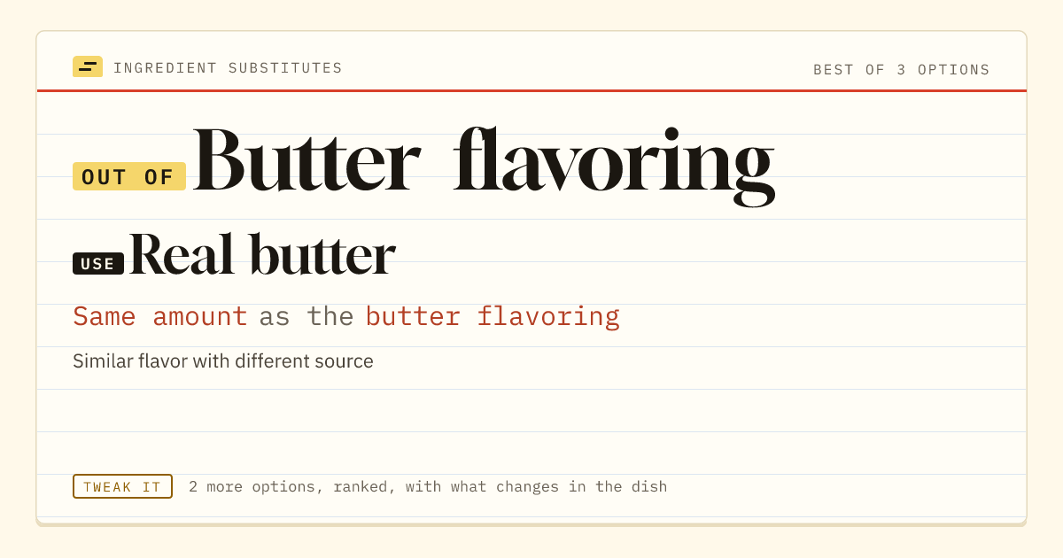 Butter flavoring substitute: use real butter. Same amount as the butter flavoring.