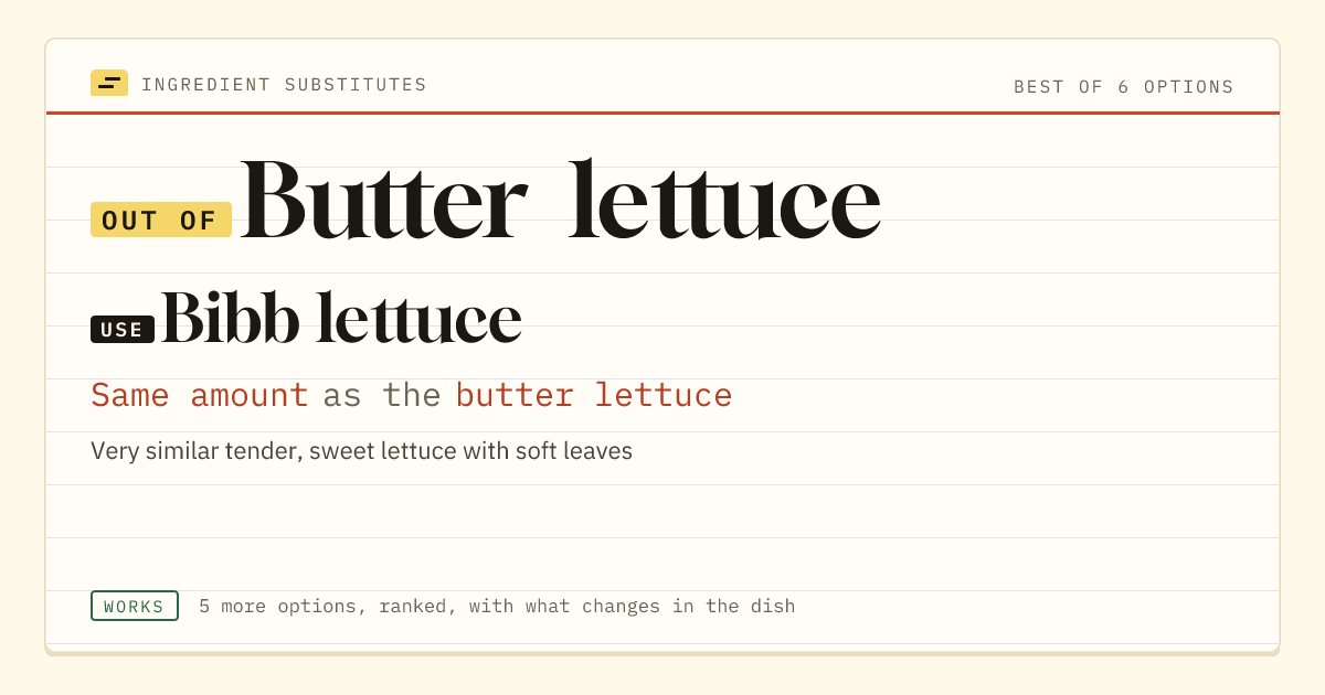 Butter lettuce substitute: use bibb lettuce. Same amount as the butter lettuce.