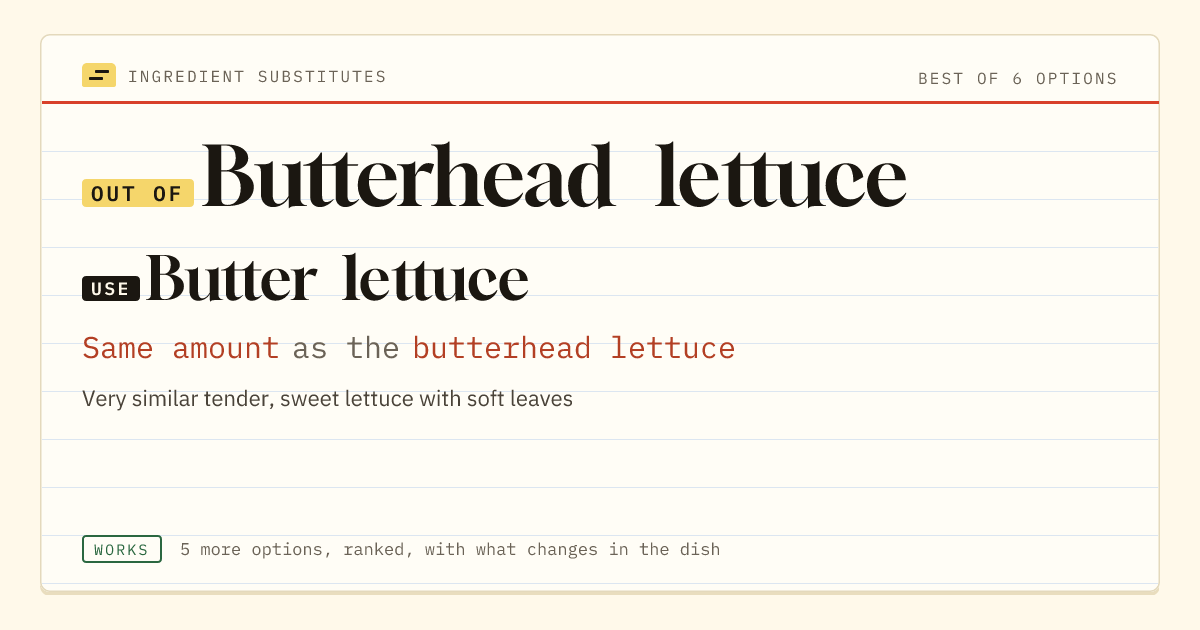 Butterhead lettuce substitute: use butter lettuce. Same amount as the butterhead lettuce.