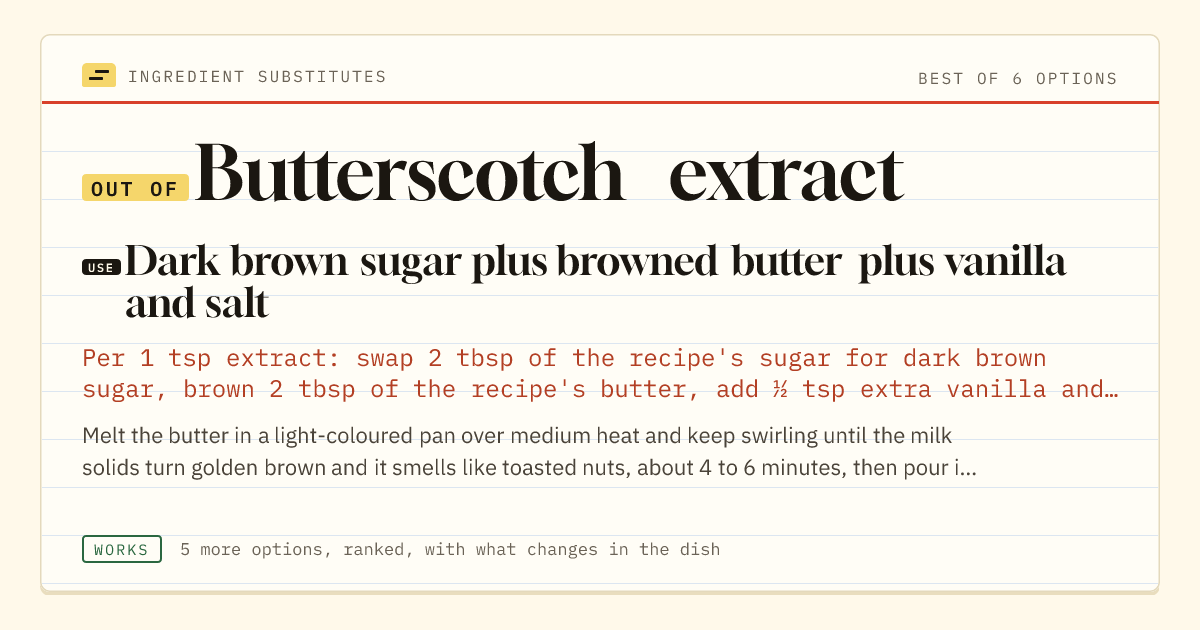 Butterscotch extract substitute: use dark brown sugar plus browned butter plus vanilla and salt.