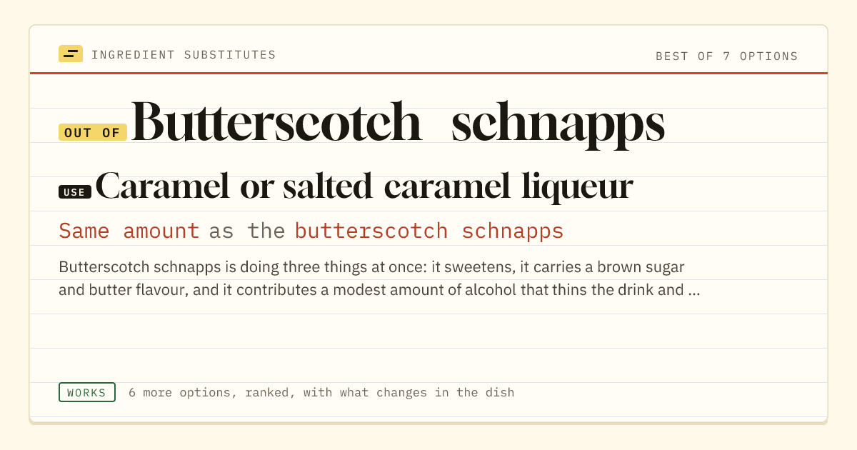 Butterscotch schnapps substitute: use caramel or salted caramel liqueur. Same amount as the butterscotch schnapps.