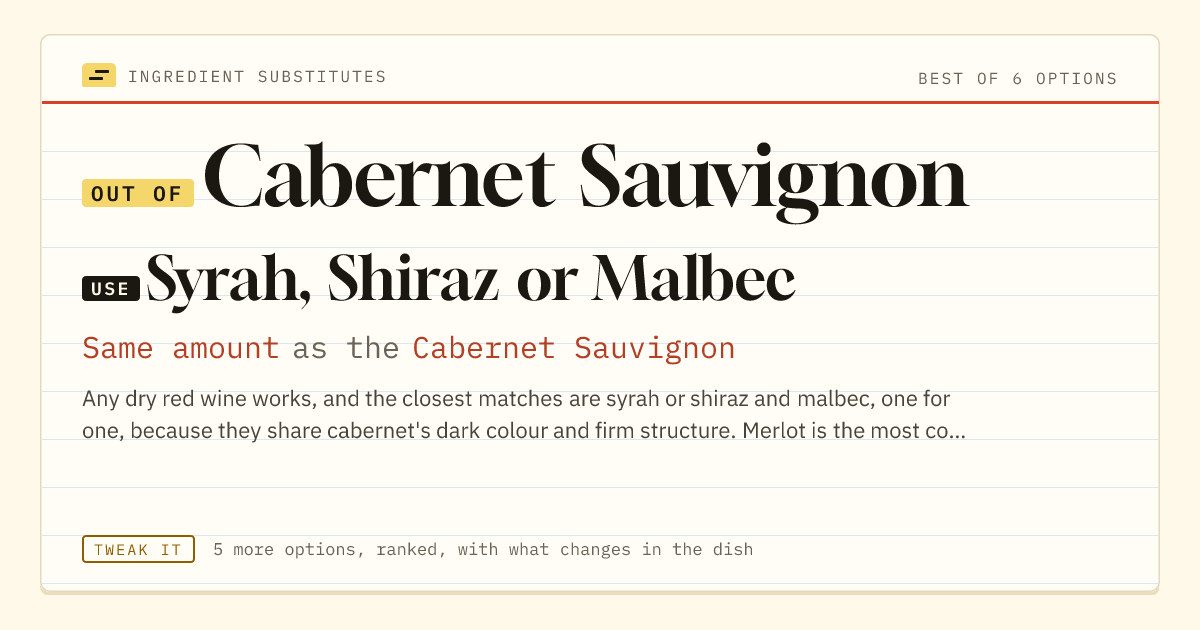 Cabernet Sauvignon substitute: use Syrah, Shiraz or Malbec. Same amount as the Cabernet Sauvignon.