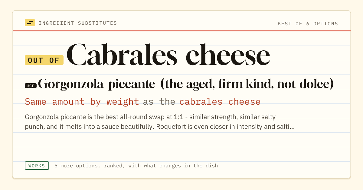 Cabrales cheese substitute: use Gorgonzola piccante (the aged, firm kind, not dolce). Same amount by weight as the cabrales cheese.