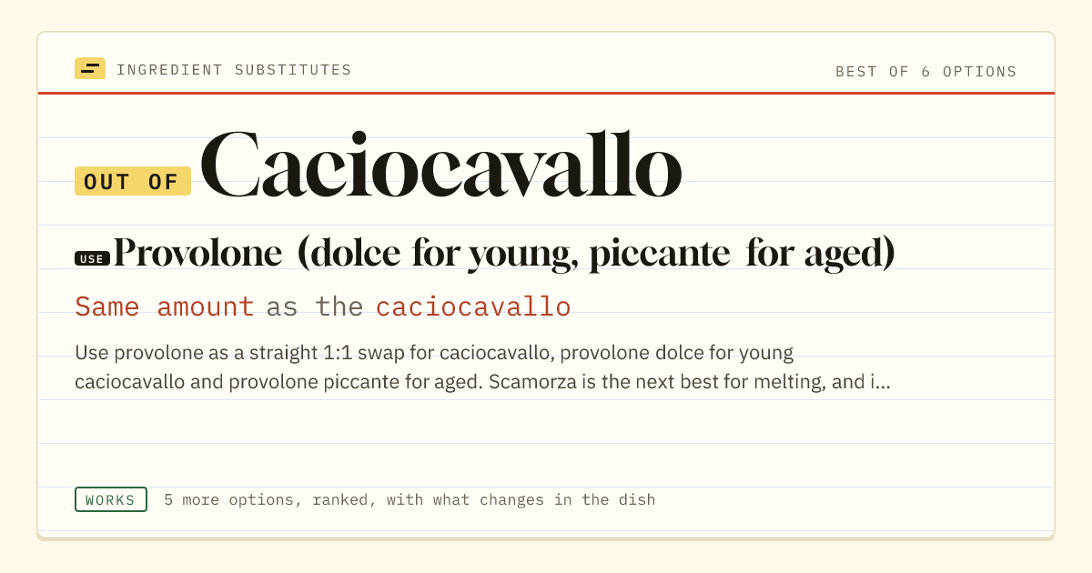 Caciocavallo substitute: use Provolone (dolce for young, piccante for aged). Same amount as the caciocavallo.
