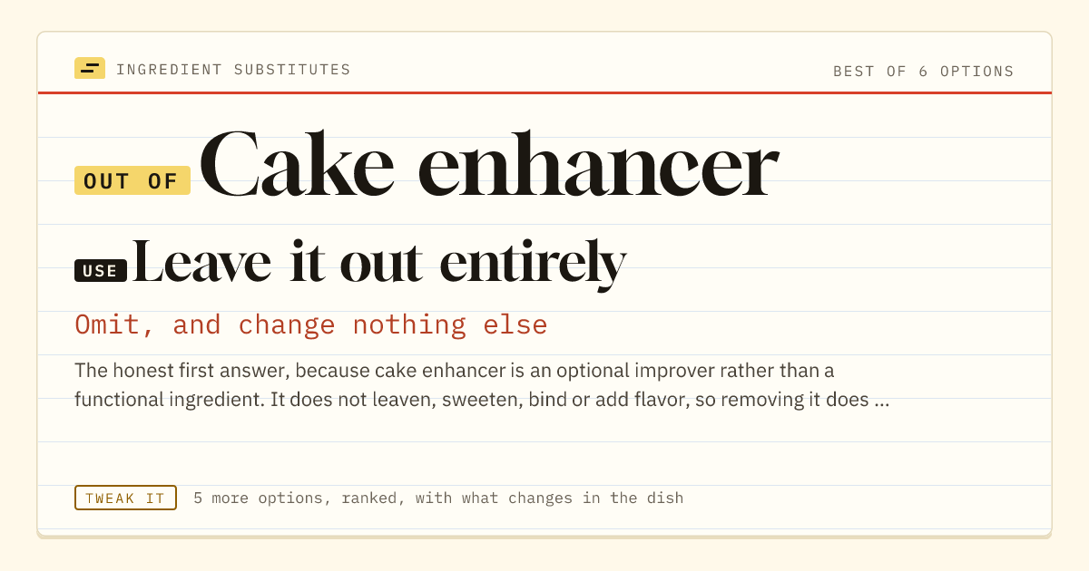 Cake enhancer substitute: use leave it out entirely. Omit, and change nothing else.