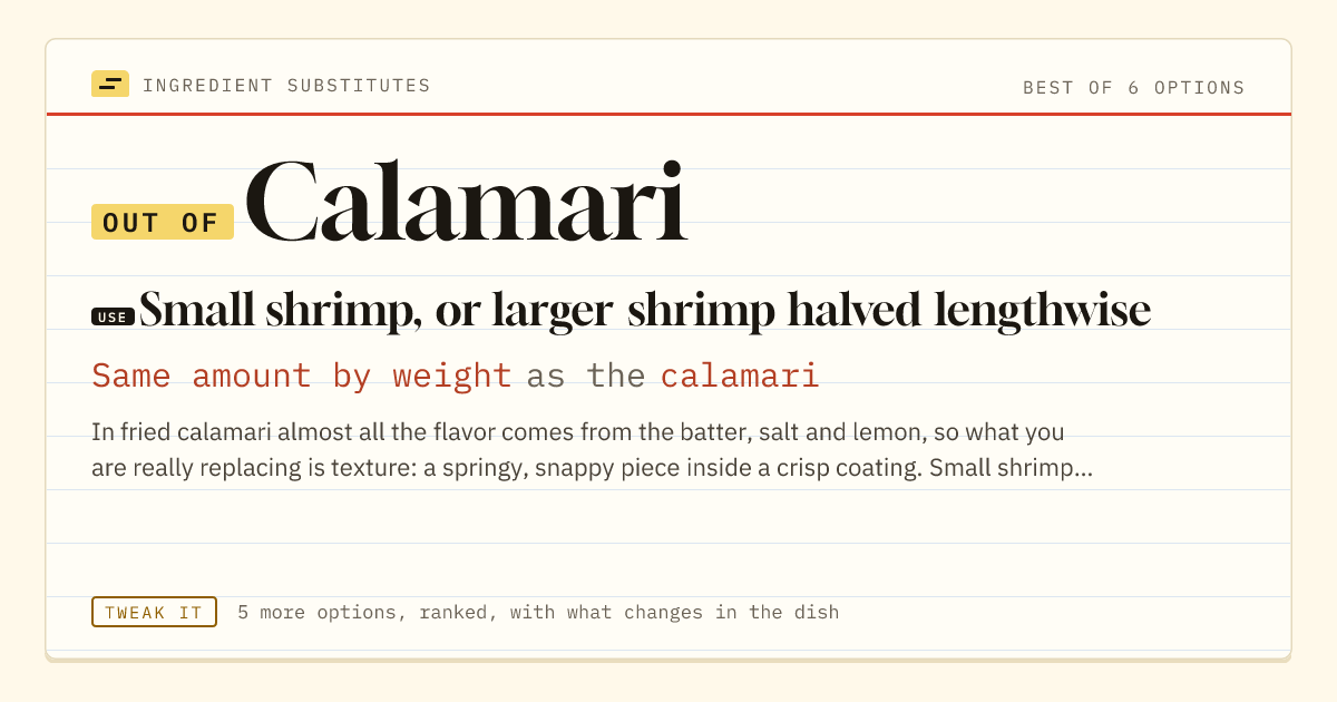 Calamari substitute: use small shrimp, or larger shrimp halved lengthwise. Same amount by weight as the calamari.