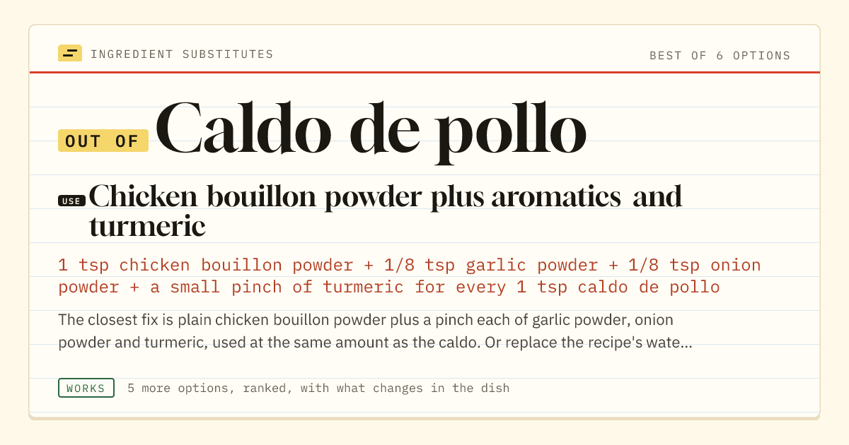 Caldo de pollo substitute: use chicken bouillon powder plus aromatics and turmeric.