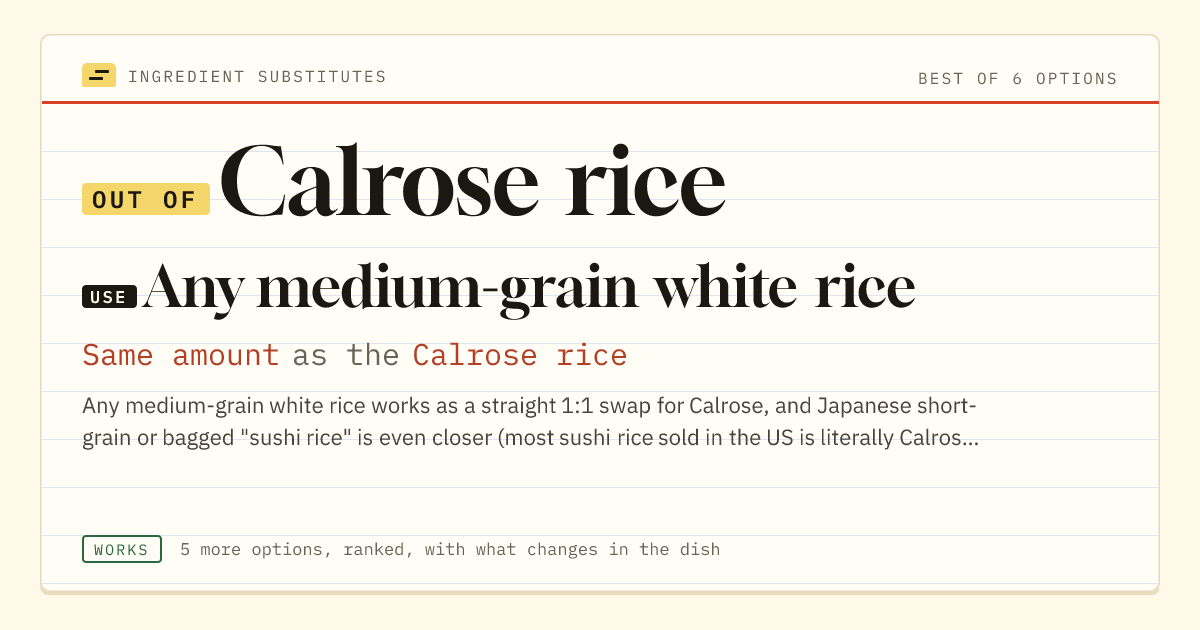 Calrose rice substitute: use any medium-grain white rice. Same amount as the Calrose rice.
