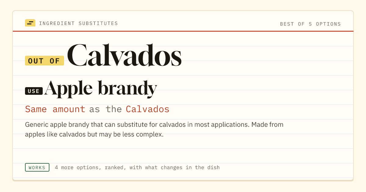 Calvados substitute: use apple brandy. Same amount as the Calvados.