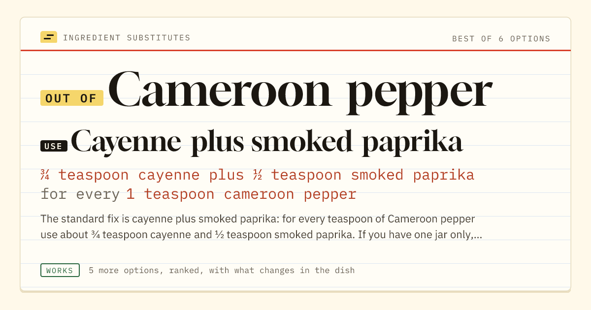 Cameroon pepper substitute: use cayenne plus smoked paprika. ¾ teaspoon cayenne plus ½ teaspoon smoked paprika for every 1 teaspoon cameroon pepper.