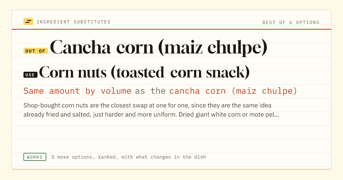 Cancha corn (maiz chulpe) substitute: use corn nuts (toasted corn snack). Same amount by volume as the cancha corn (maiz chulpe).