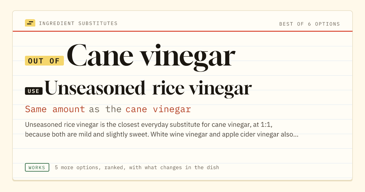 Cane vinegar substitute: use unseasoned rice vinegar. Same amount as the cane vinegar.