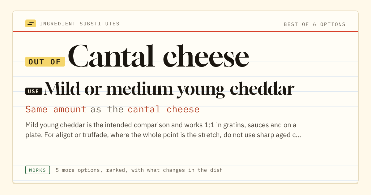 Cantal cheese substitute: use mild or medium young cheddar. Same amount as the cantal cheese.