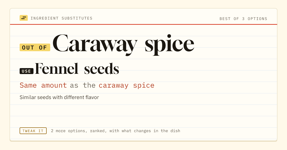 Caraway spice substitute: use fennel seeds. Same amount as the caraway spice.
