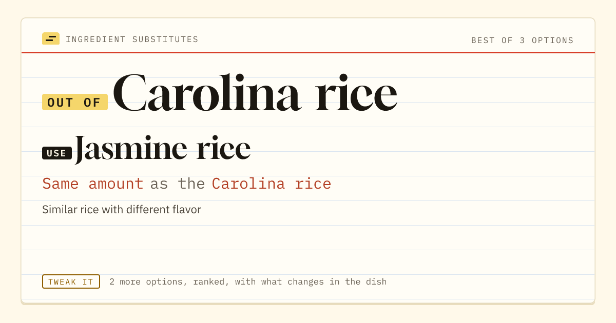 Carolina rice substitute: use jasmine rice. Same amount as the Carolina rice.
