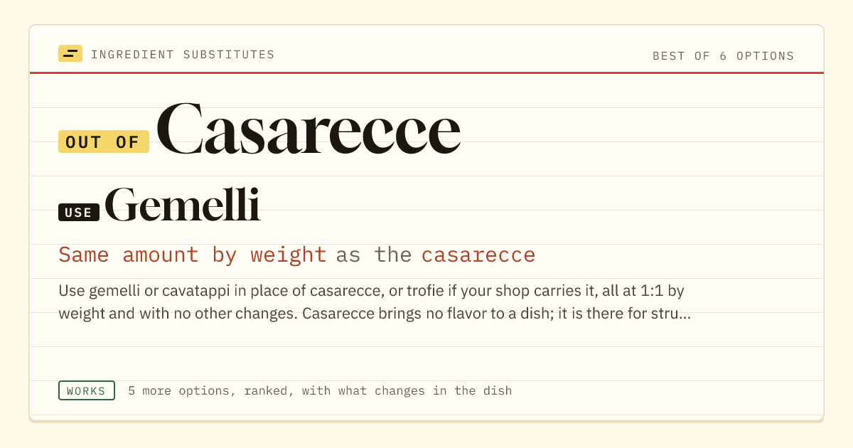 Casarecce substitute: use gemelli. Same amount by weight as the casarecce.