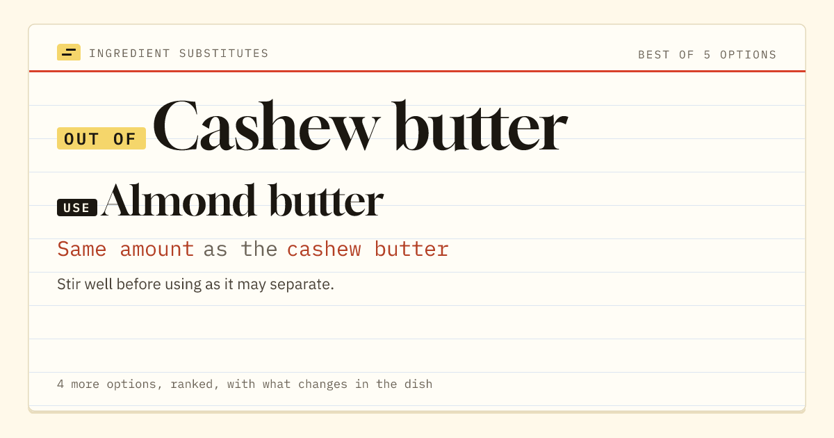 Cashew butter substitute: use almond butter. Same amount as the cashew butter.