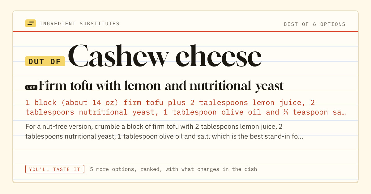 Cashew cheese substitute: use firm tofu with lemon and nutritional yeast.