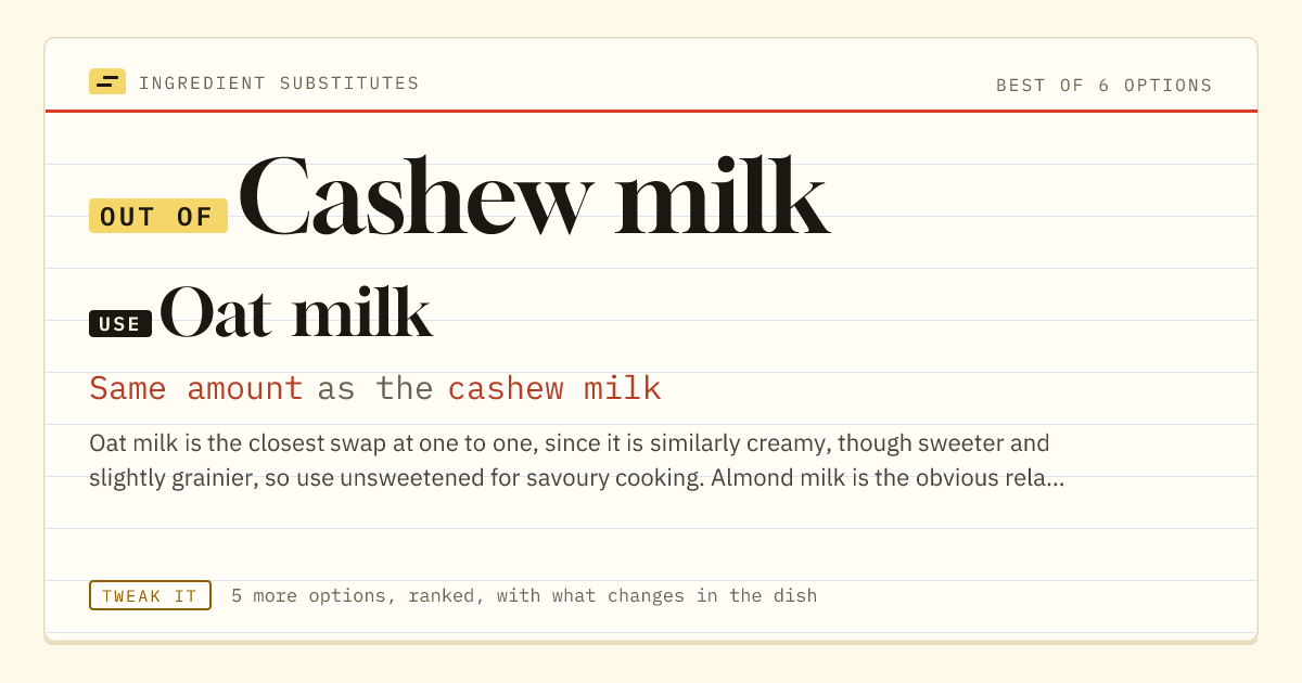 Cashew milk substitute: use oat milk. Same amount as the cashew milk.