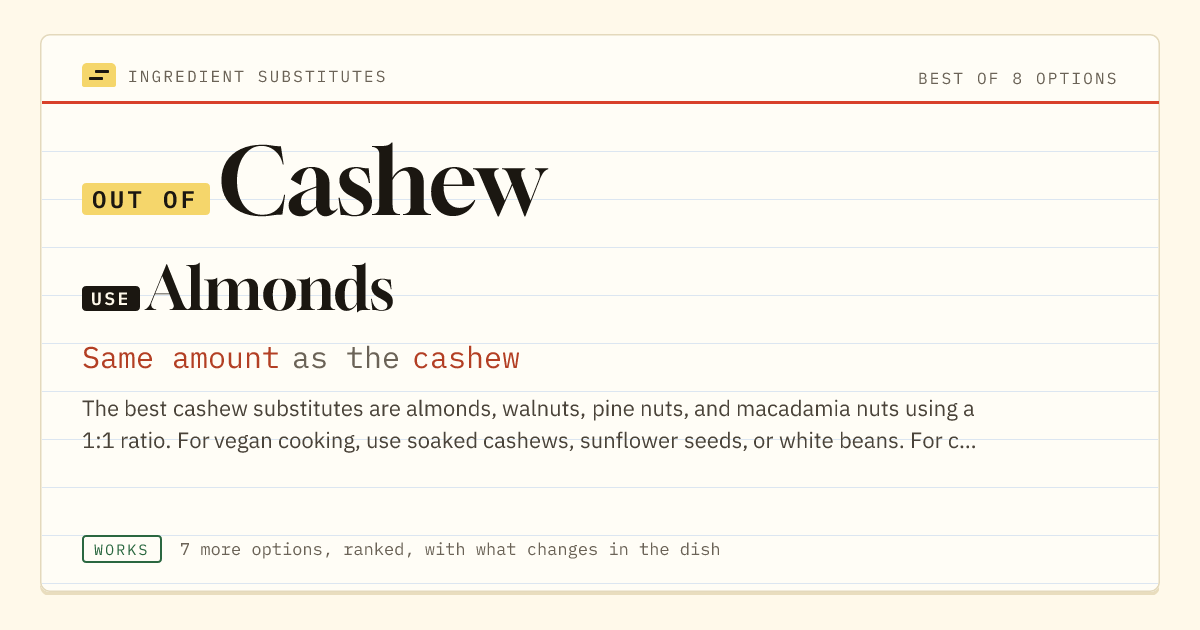 Cashew substitute: use almonds. Same amount as the cashew.
