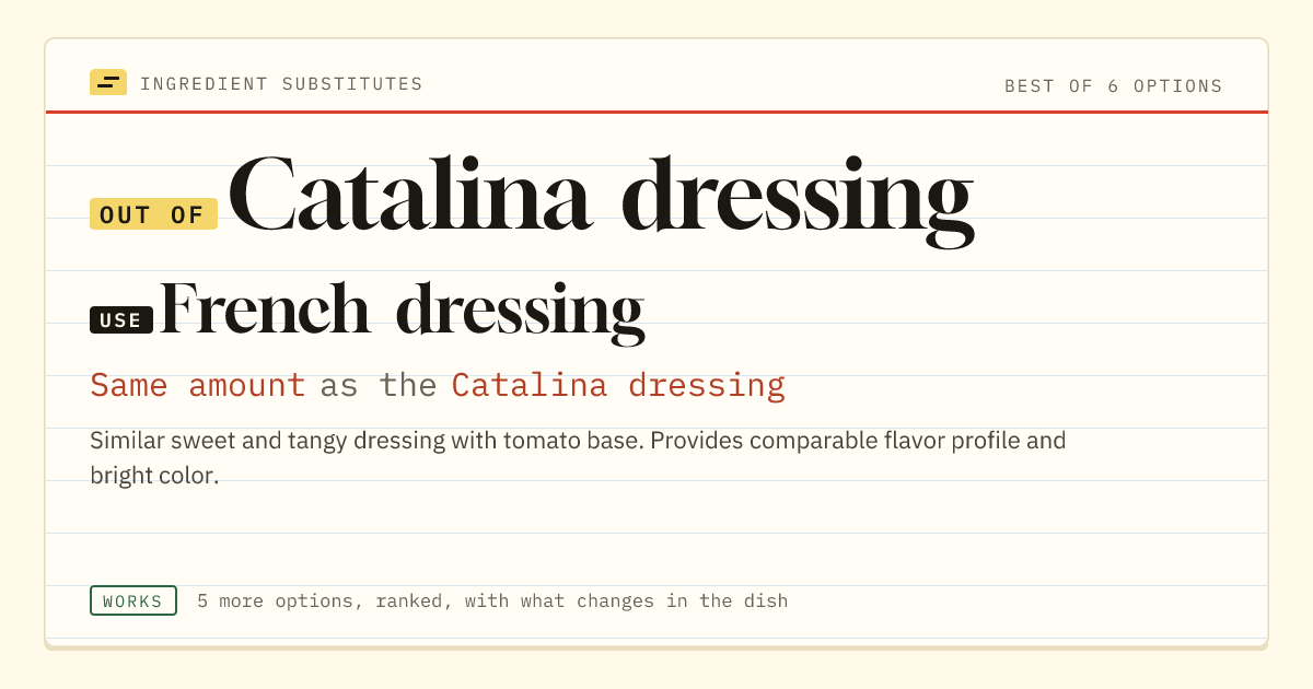 Catalina dressing substitute: use French dressing. Same amount as the Catalina dressing.