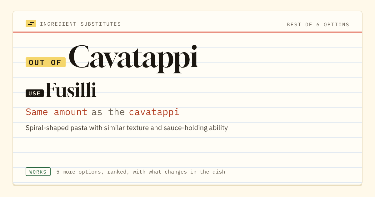 Cavatappi substitute: use fusilli. Same amount as the cavatappi.