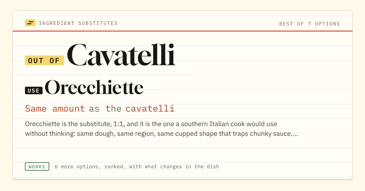 Cavatelli substitute: use orecchiette. Same amount as the cavatelli.