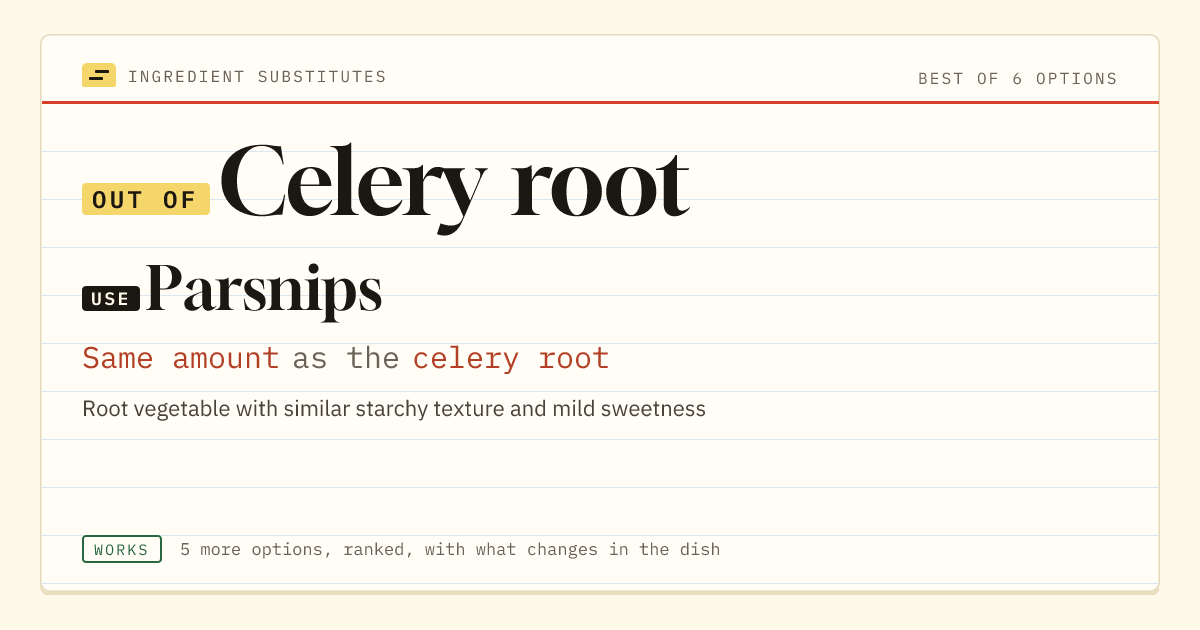 Celery root substitute: use parsnips. Same amount as the celery root.