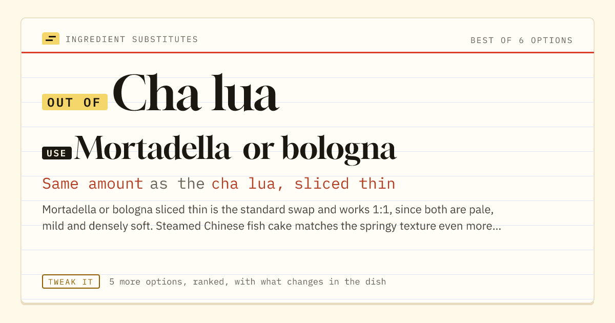 Cha lua substitute: use mortadella or bologna. Same amount as the cha lua, sliced thin.