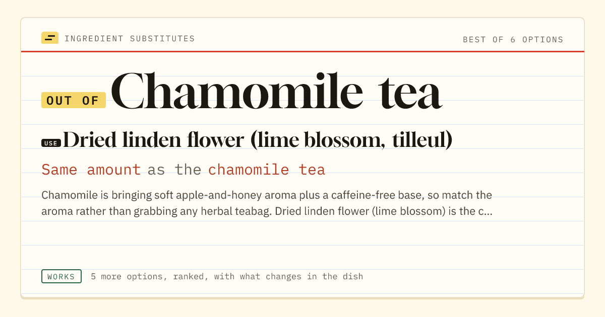 Chamomile tea substitute: use dried linden flower (lime blossom, tilleul). Same amount as the chamomile tea.