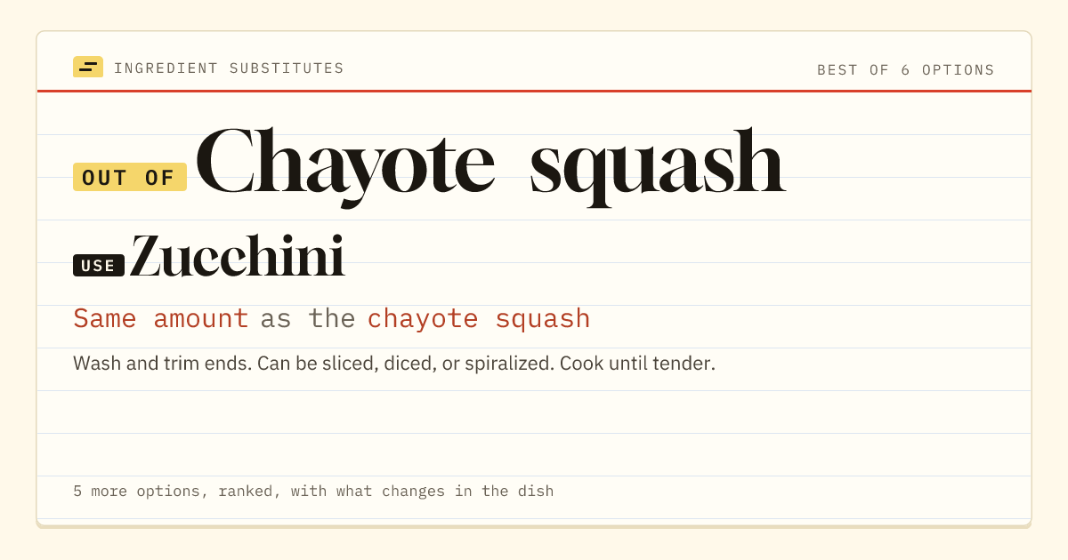 Chayote squash substitute: use zucchini. Same amount as the chayote squash.